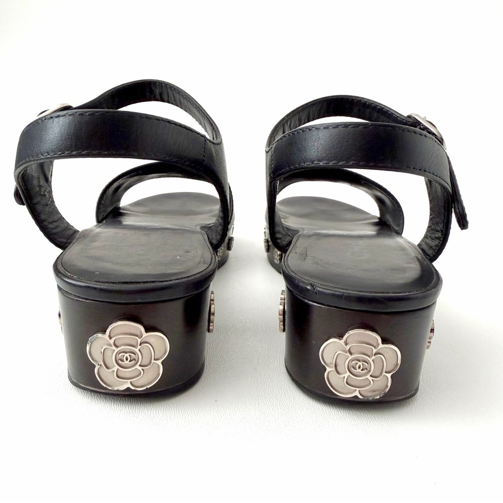 CHANEL | Camellia Logo Wood Platform Clog Sandals Black Calfskin Ankle Strap 39 - Picture 8 of 13